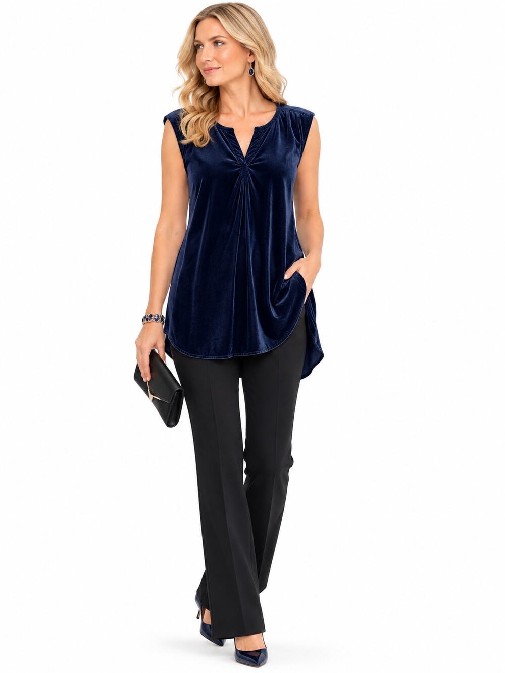 LRR285 Great Northwest Indigo XL Navy Blue Velvet Sleeveless Tunic Top